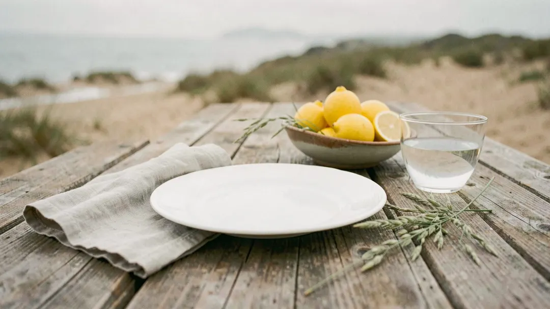 A weathered outdoor table set with a plate, linen napkin, water glass and a bowl of lemons beside beach grass